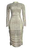 Golden Sexy Euramerican Backless Sequins Bodycon Hip High Waist Midi Dress KA7213-3