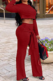 Gray Women Trendy Pure Color Round Collar Long Sleeve Crop Bandage Loose Pants Sets JP1053-2