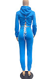 Black Lady Autumn Winter Sexy Casual Crop Hoodie Bandage Zipper Sweater And Velvet Pants Sets JP1056-1