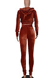 Brown Euramerican Women Pure Color Fashion Pleuche Hoodie Coat Zipper Pants Sets ED8535-2