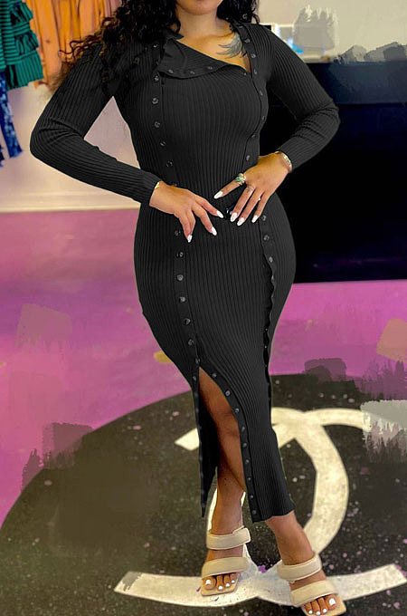 Black Ribber New Long Sleeve Double-Breasted Slim Fitting Hem Slit Dress YT3295-1
