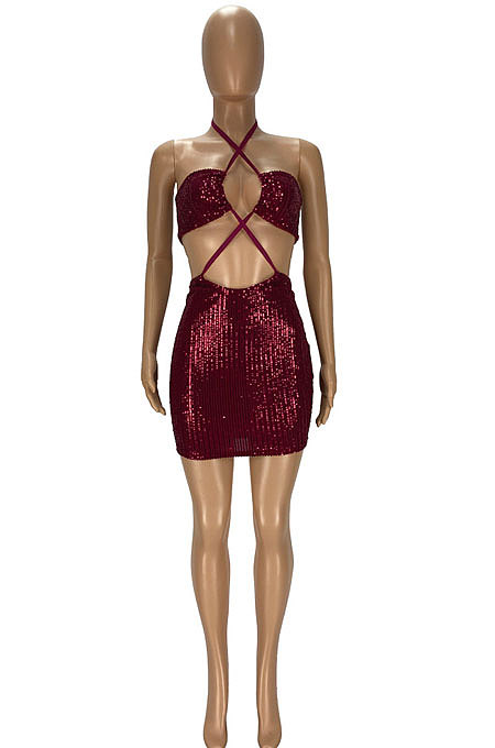 Pink Sexy Luxe Sequins Halter Neck Backless Hollow Out Hip Dress YT3293-1