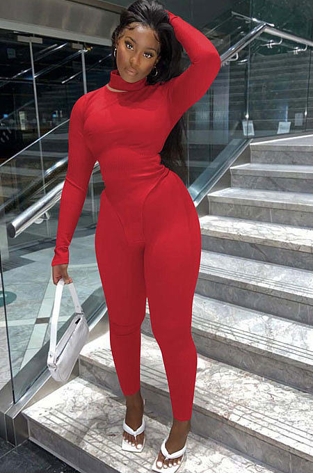 Yellow Women Solid Color High Collar Ribber Irregular Top Pants Sets ED8531-1