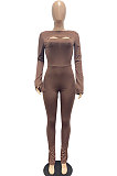 Wine Red Women Solid Color Casual Round Collar Long Sleeve Hollow Out Ruffle Sleeve Split Bodycon Jumpsuits JP1055-2