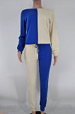 Black White Casual Women's Contarst Color Spliced Long Sleeve T-Shirts Jogger Pants Sets X9331-1