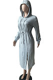 Green Preppy Casual Long Sleeve Drawsting Bandage Slit Hoodie Dress WM21104-1