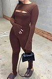 Black Women Solid Color Casual Round Collar Long Sleeve Hollow Out Ruffle Sleeve Split Bodycon Jumpsuits JP1055-1