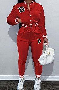Red Modest Sports Webbing Spliced Letter Printed Long Sleeve Jaket Coat Skinny Pants Baseball Uniform Sets WM21011-2