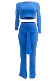 Black Women Trendy Pure Color Round Collar Long Sleeve Crop Bandage Loose Pants Sets JP1053-1