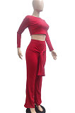 Gray Women Trendy Pure Color Round Collar Long Sleeve Crop Bandage Loose Pants Sets JP1053-2