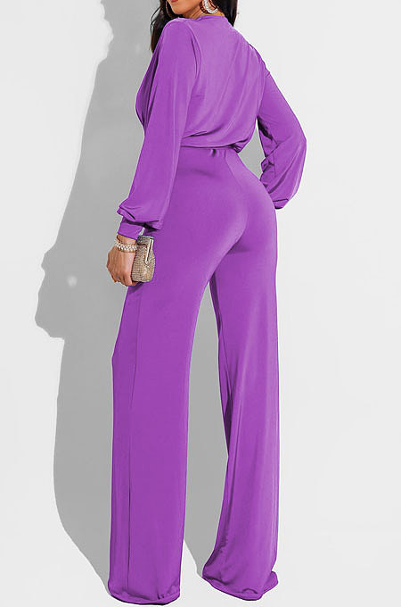 Purple High Quality Women's Puff Sleeve V Collat Collect Waist Solid Color Jumpsuits SMR10749-3