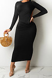 Army Green Women Solid Color Sexy Long Sleeve Backless Round Collar Pullover Elastic Waist Long Dress WMZ2675-4