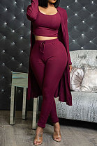 Wine Red High Elastic Ribber Tank&Cardigan Coat Pencil Pants Three Piece ARM8312-4