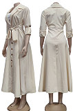 Green Women Long Sleeve Solid Color Turn-Down Collar Casual Long Waistband T Shirt/Shirt Dress YZ7079 -2