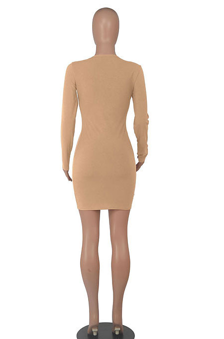 White Women Long Sleeve Casual Solid Color V Collar Tight Mid Waist Mini Dress WMZ2667-3
