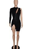 Black Women Solid Color Sexy Fashion Single Sleeve Double Zipper Backless Mini Dress SH7290
