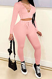 Black Women Autumn Winter Fashion Pure Color Long Sleeve Bandage Hollow Out Sexy Pants Sets WMZ2672-1