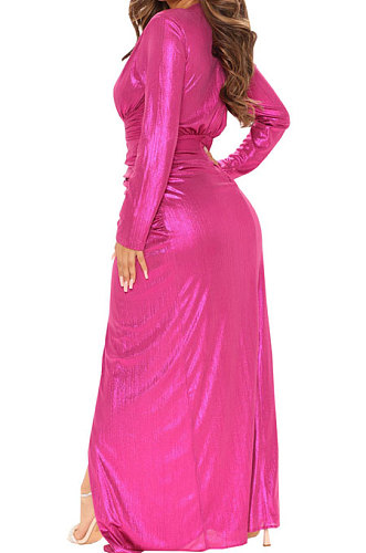 Rose Red High Quality Hot Stamping Long Sleeve Deep V Neck High Slit Elegant Dress SMR10747-3
