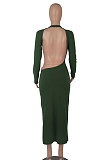 Army Green Women Solid Color Sexy Long Sleeve Backless Round Collar Pullover Elastic Waist Long Dress WMZ2675-4