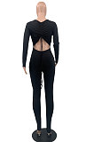 Blue Sexy Long Sleeve Back Tighten The Belt Solid Color Bodycon Jumpsuits QSS51053-1