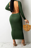 Black Women Solid Color Sexy Long Sleeve Backless Round Collar Pullover Elastic Waist Long Dress WMZ2675-1