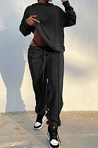Black Women Individuality Loose Bandage Long Hoodie Solid Color Pants Sets QMQ7068-1