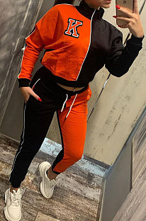 Orange Red Casual Women's Letter Color Matching Long Sleeve Jogger Sports Sets HHM6531-5