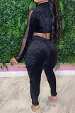 Black Night Club Mesh Spliced Velvet Long Sleeve Skinny Pants Solid Color Sets JG061