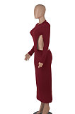 Army Green Women Solid Color Sexy Long Sleeve Backless Round Collar Pullover Elastic Waist Long Dress WMZ2675-4