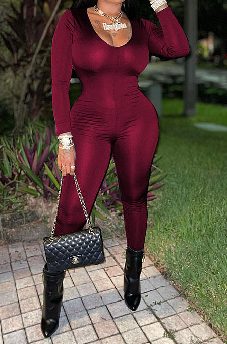 Wine Red Sexy Long Sleeve Back Tighten The Belt Solid Color Bodycon Jumpsuits QSS51053-5