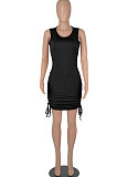 Black Women Round Collar Bodycon Drawsting Sleeveless Ruffle Knit Fashion Mini Dress WMZ2678-1