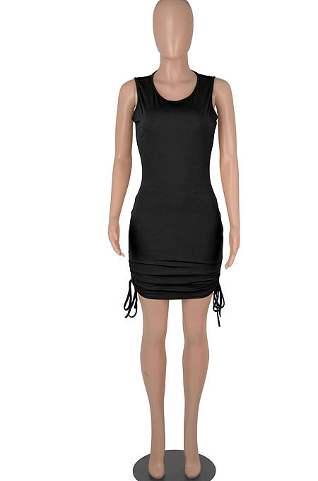 Black Women Round Collar Bodycon Drawsting Sleeveless Ruffle Knit Fashion Mini Dress WMZ2678-1