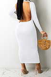Army Green Women Solid Color Sexy Long Sleeve Backless Round Collar Pullover Elastic Waist Long Dress WMZ2675-4