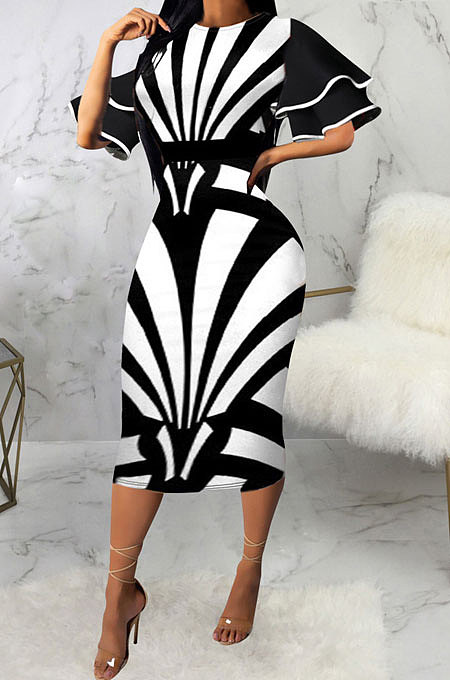 White Digital Printed Ruffle Sleeve Round Neck Elegant For Party Wrap Dress SMR10721-1