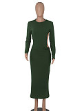 Black Women Solid Color Sexy Long Sleeve Backless Round Collar Pullover Elastic Waist Long Dress WMZ2675-1