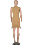 Black Women Round Collar Bodycon Drawsting Sleeveless Ruffle Knit Fashion Mini Dress WMZ2678-1