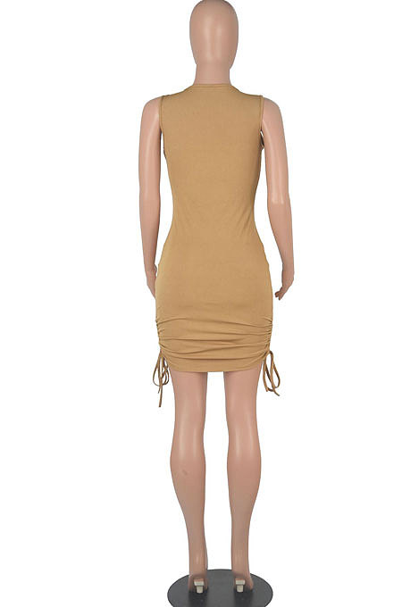 Black Women Round Collar Bodycon Drawsting Sleeveless Ruffle Knit Fashion Mini Dress WMZ2678-1