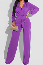 Purple High Quality Women's Puff Sleeve V Collat Collect Waist Solid Color Jumpsuits SMR10749-3