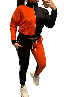 Orange Red Casual Women's Color Matching Long Sleeve Jogger Sports Sets HHM6533-5
