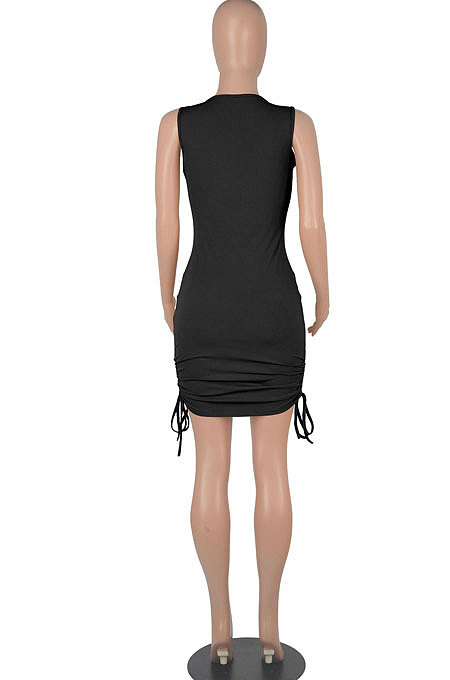 White Women Round Collar Bodycon Drawsting Sleeveless Ruffle Knit Fashion Mini Dress WMZ2678-3