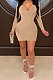 Khaki Women Long Sleeve Casual Solid Color V Collar Tight Mid Waist Mini Dress WMZ2667-4