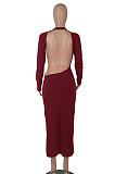 Army Green Women Solid Color Sexy Long Sleeve Backless Round Collar Pullover Elastic Waist Long Dress WMZ2675-4