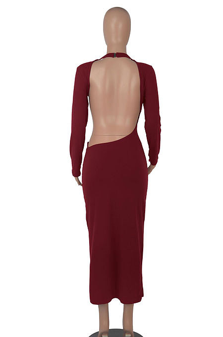 White Women Solid Color Sexy Long Sleeve Backless Round Collar Pullover Elastic Waist Long Dress WMZ2675-2
