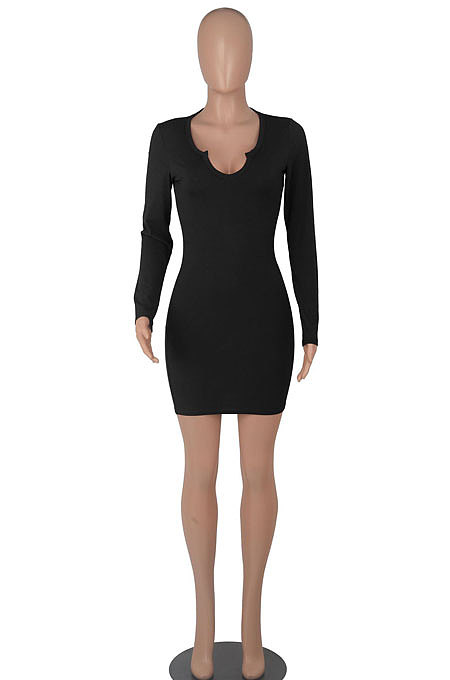 Black Women Long Sleeve Casual Solid Color V Collar Tight Mid Waist Mini Dress WMZ2667-1