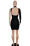 Black Women Solid Color Sexy Fashion Single Sleeve Double Zipper Backless Mini Dress SH7290