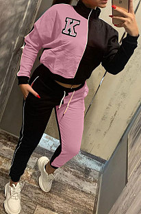 Pink Casual Women's Letter Color Matching Long Sleeve Jogger Sports Sets HHM6531-1