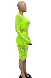 Neon Green Euramerican Club Lady Mesh Spaghetti Tank Shorts Round Collar Pullover Ruffle Mini Dress Three Pieces WMZ2482-7