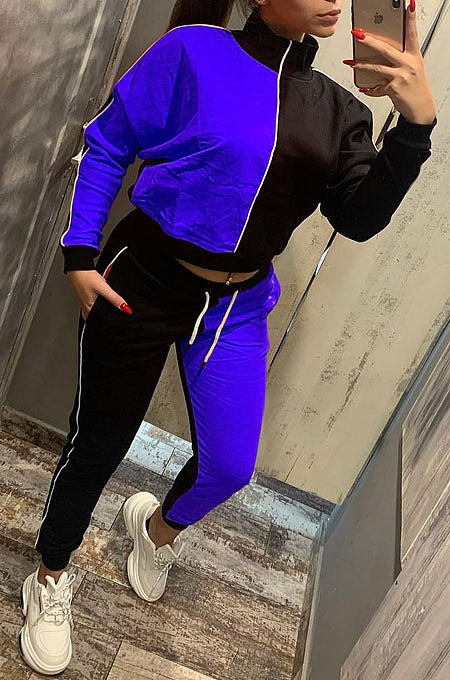 Blue Casual Women's Color Matching Long Sleeve Jogger Sports Sets HHM6533-6