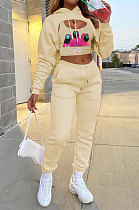 Apricot Pattern Printed Velvet Hooded&Cotton Tank Jogger Pants Sports Sets HG152-3