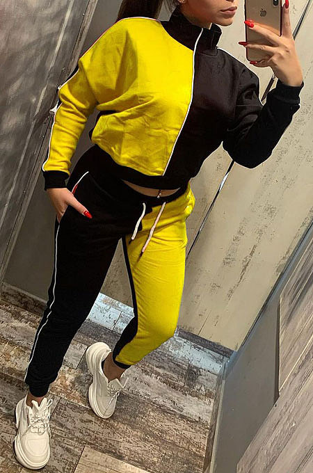 Yellow Casual Women's Color Matching Long Sleeve Jogger Sports Sets HHM6533-1